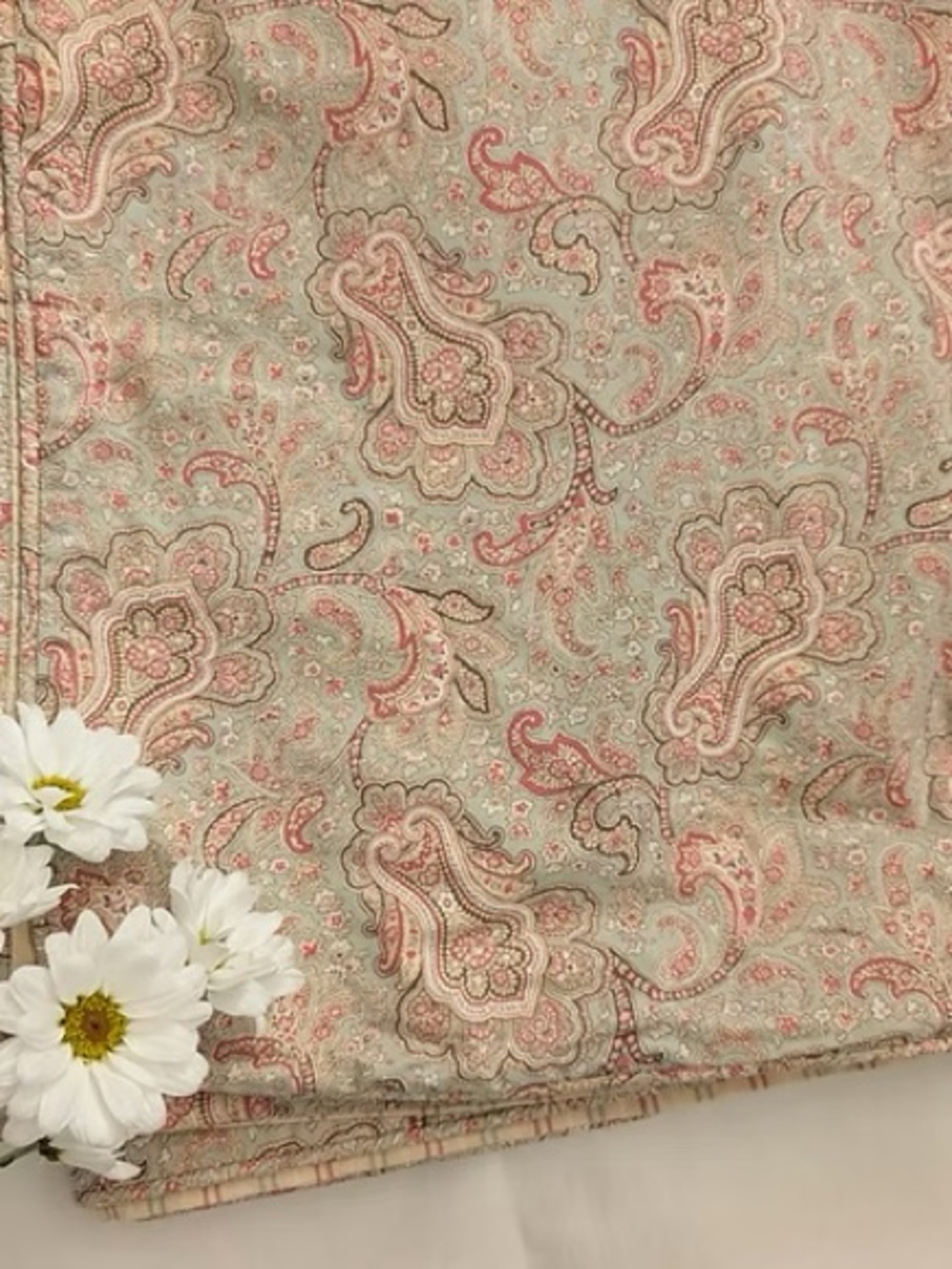 Eddie Bauer -Double Sided Paisley & Stripe Duvet Cover -Full- Green, Pink, Cream
